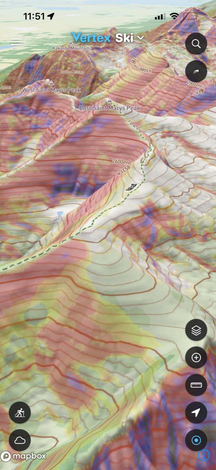 Slope angle, trails and contours over 3D terrain