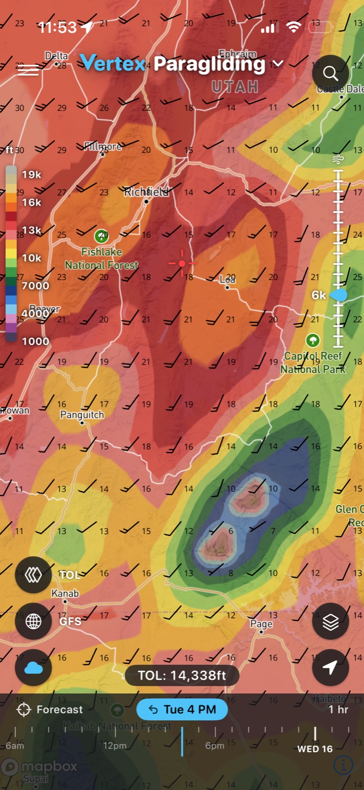 Winds aloft and top of lift forecast over southern Utah with the timeline